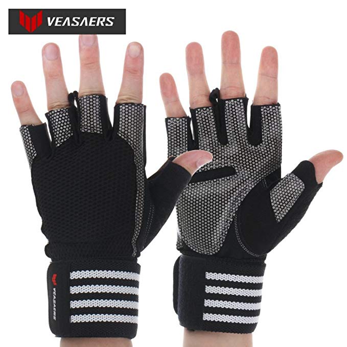 Veasaers Exercise Gloves with Wrist Wraps, Padded Anti-Slip Gym Gloves for Weight Lifting, Crossfit, Gym Workout, Fitness, Bodybuilding, Wrist Support. Best for Men & Women. (White, Small)