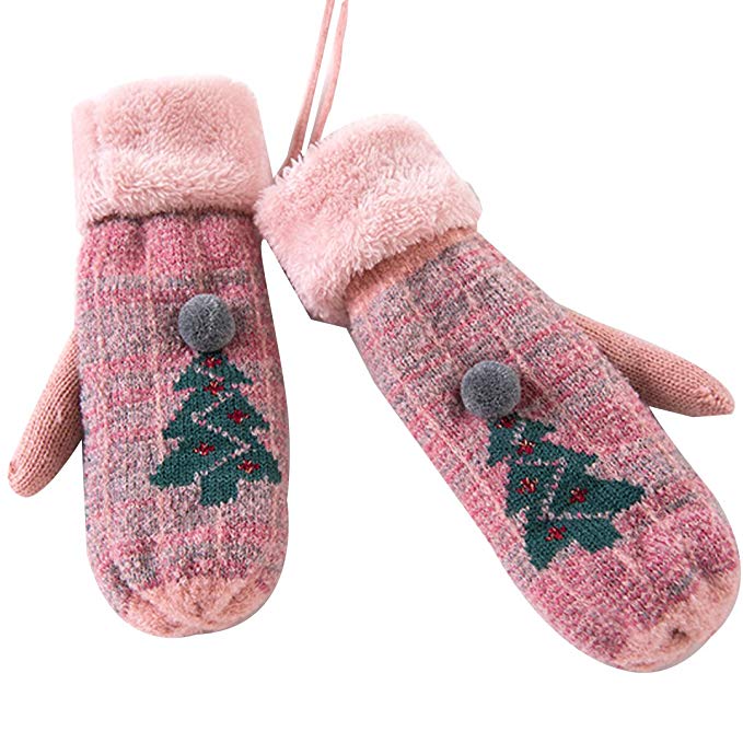 Aisa Girl Sweet Christmas Tree Jacquard Winter Gloves Lady Warm Fluff Mitten with Sling