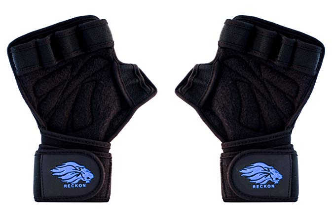 Reckon Exercise Gloves Ventilated with Built-in Wrist Wraps, Full Palm Protection & Extra Grip. Great for Pull Ups, Cross Training, Fitness, WODs & Weightlifting