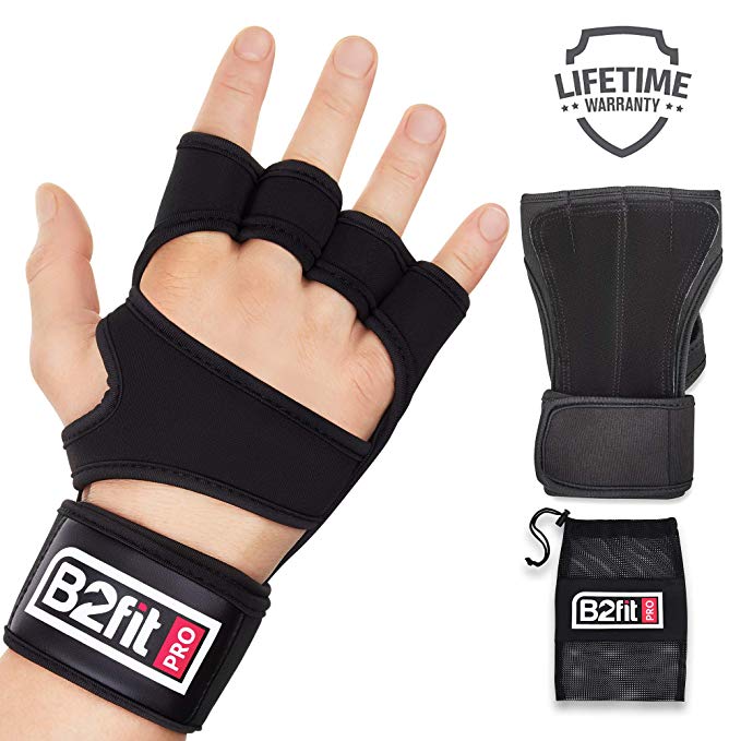 B2FIT PRO Workout Gloves with Wrist Support - Ventilated Weight Lifting Gloves with Genuine Leather Palm for Strong Grip - Gym Gloves for Men & Women - Ideal for Weightlifting, Crossfit