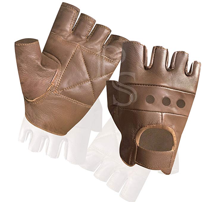 Prime Leather Fingerless Leather Cycle Biker Gym Gloves Cycling Body Building Weight Lifting Brown 502 (Brown, Small)