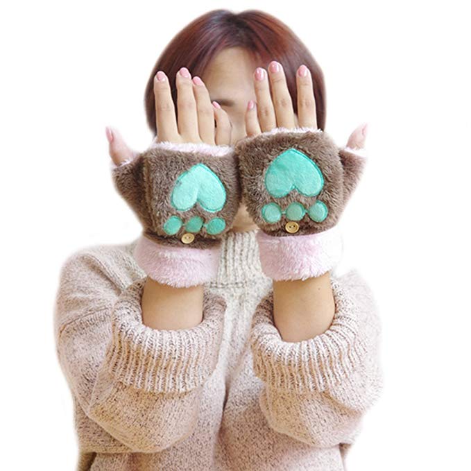 All Ships From US-Mily Fingerless Texting Gloves with Mitten Cover Winter Cat Paw Claw Plush Gloves