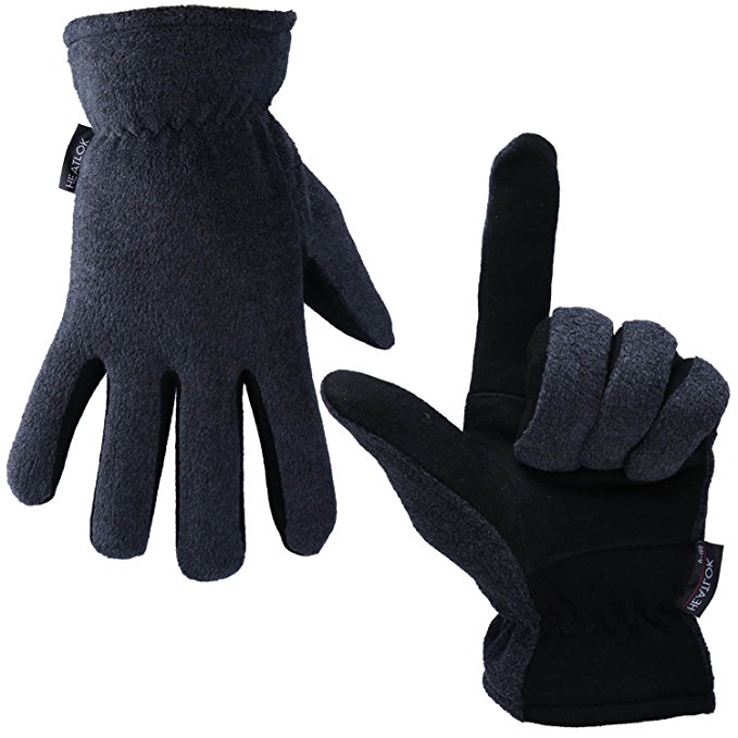 OZERO Winter Gloves, -20°F Cold Proof Thermal Glove - Deerskin Suede Leather Palm and Polar Fleece Back with Heatlok Insulated Cotton Layer - Keep Warm in Cold Weather - Denim/Tan/Gray (S/M/L/XL)