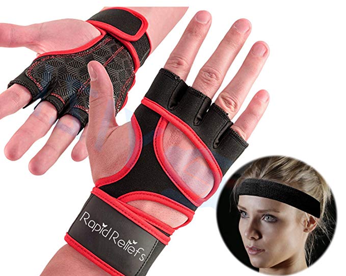 Ventilated Workout Gloves, Weightlifting Gloves, Weight Gloves, Cross Training Gloves with Integrated Wrist Support,Silicone Padded PALM PROTECTION, No Calluses with Headband, Unisex by Rapid Reliefs