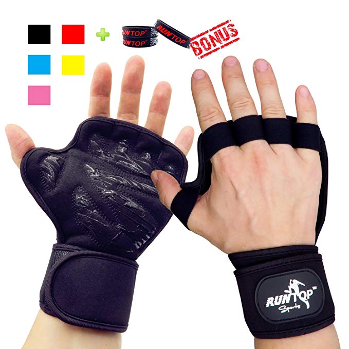 RUNTOP Crossfit WODS Training Grip Gloves Pads with Strong Wrist Wrap Brace Support&Silicone Padding Workout Fitness Weight Lifting Powerlifting GYM Hand FULL Palm Protect For Men Women