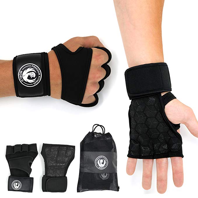 Weight Lifting Gloves with wrist wrap support and heavy duty silicon grip black for power body building- light weight crossfit gear for men and women by Freedom Fitness World