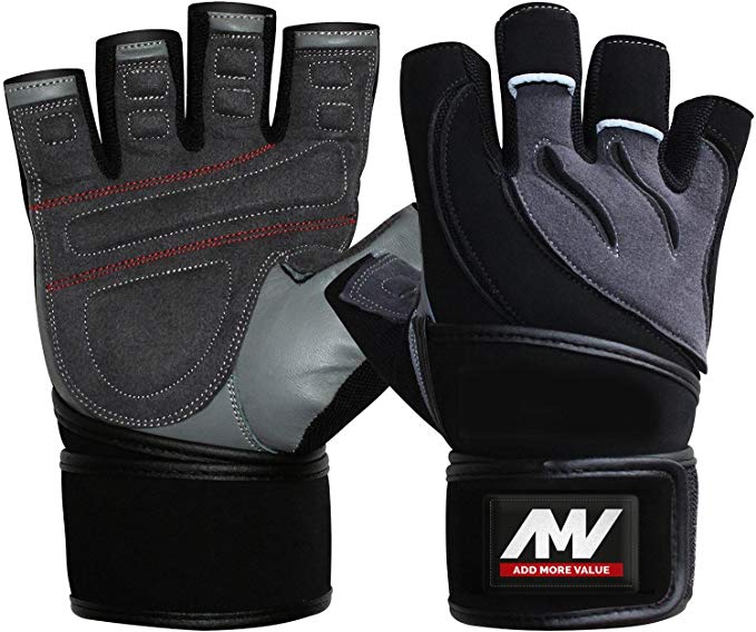 Add More Value AMV Premium Weight Lifting Gym Gloves with Wrist Wrap - Quality Leather